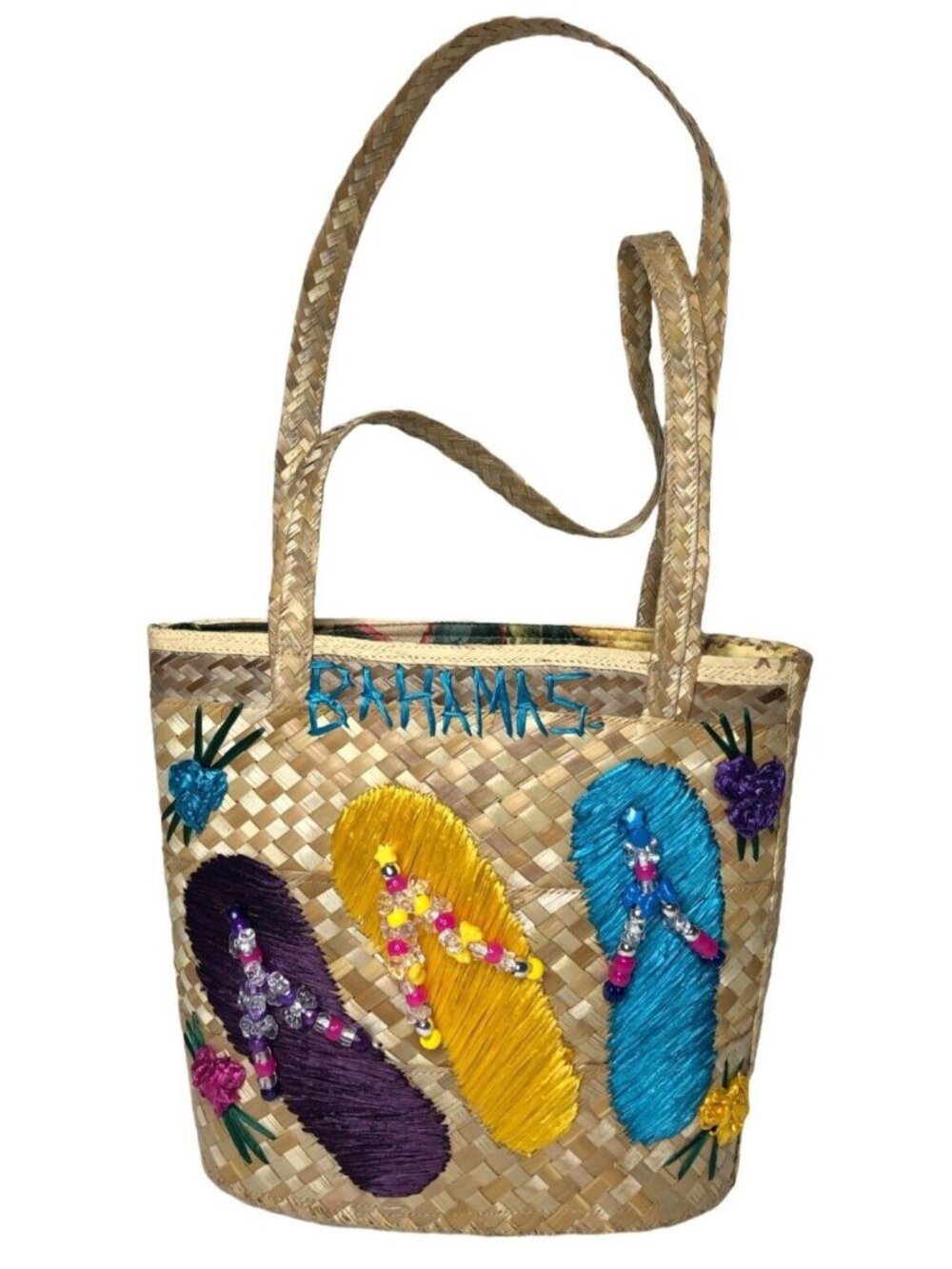 Bahamas Handwoven Straw Tote Bag Purse Floral Flip Flops Beads Lined Cruise Vtg